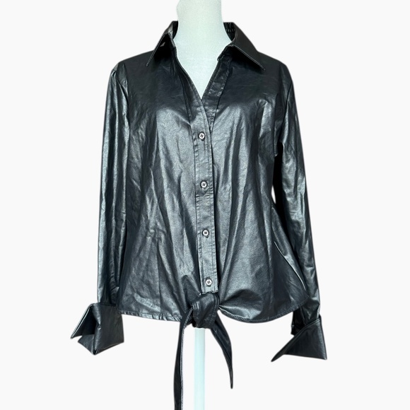 Boston Proper Black Button Down Faux Leather Shirt Sz M - Picture 2 of 6